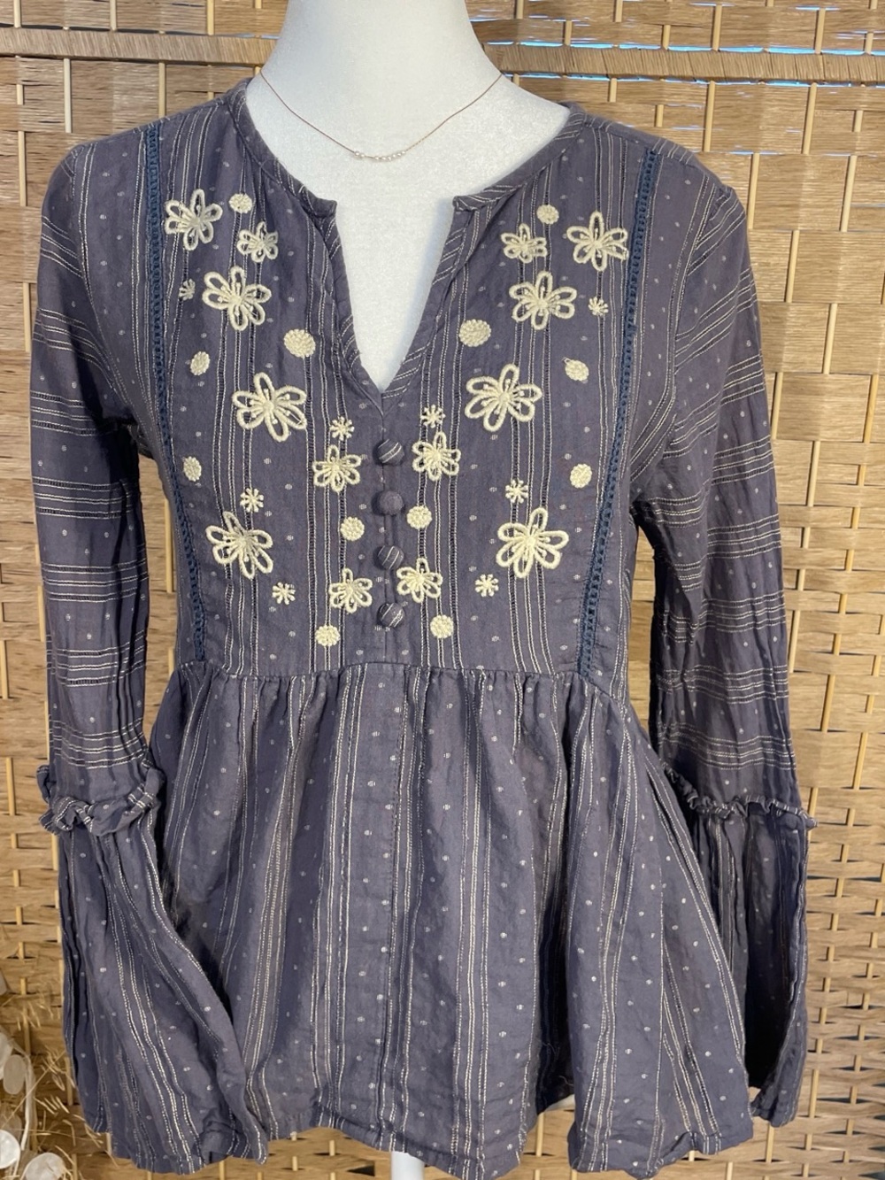 Embroidered Periwinkle Blue Peplum Tunic with Cream Floral Detail
